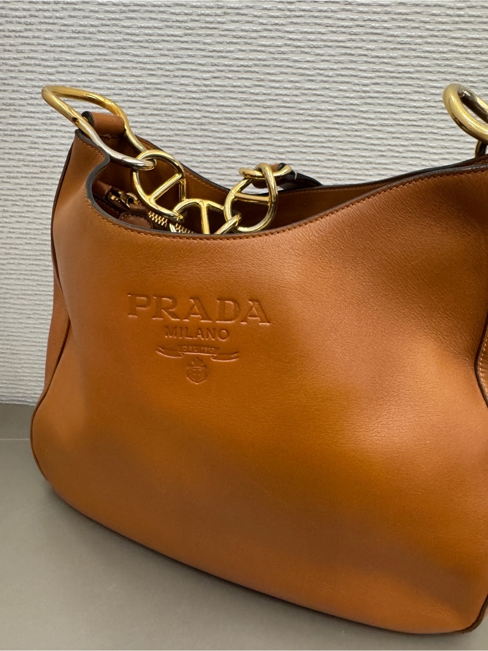 Prada Milano Leather Chain Hobo Shoulder Bag – Cognac Brown - Picture 10 of 12